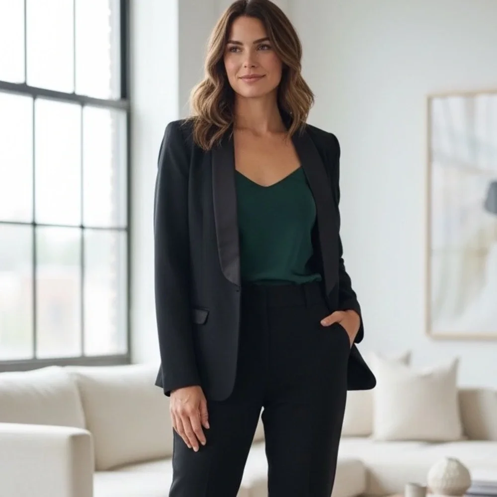 MNG by Mango Womens Black Tuxedo Blazer Satin Shawl Lapel Open Front Jacket Sz 6